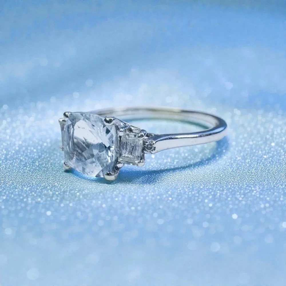 10K White Gold -Natural Aquamarine & Diamond Ring -Size 8- Cushion Cut- 1.5g